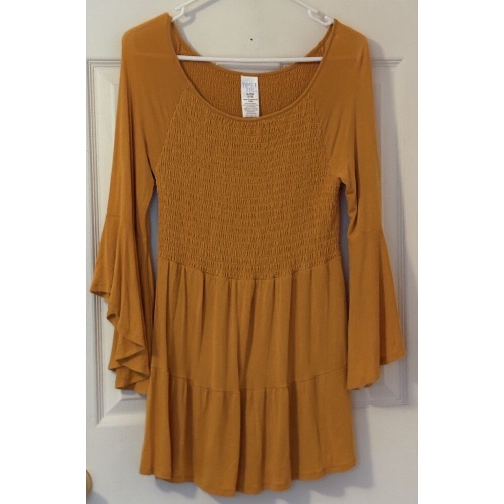 Time and Tru Tunic Dress Women S Mustard Yellow Long Sleeve Boho Casual Cotton